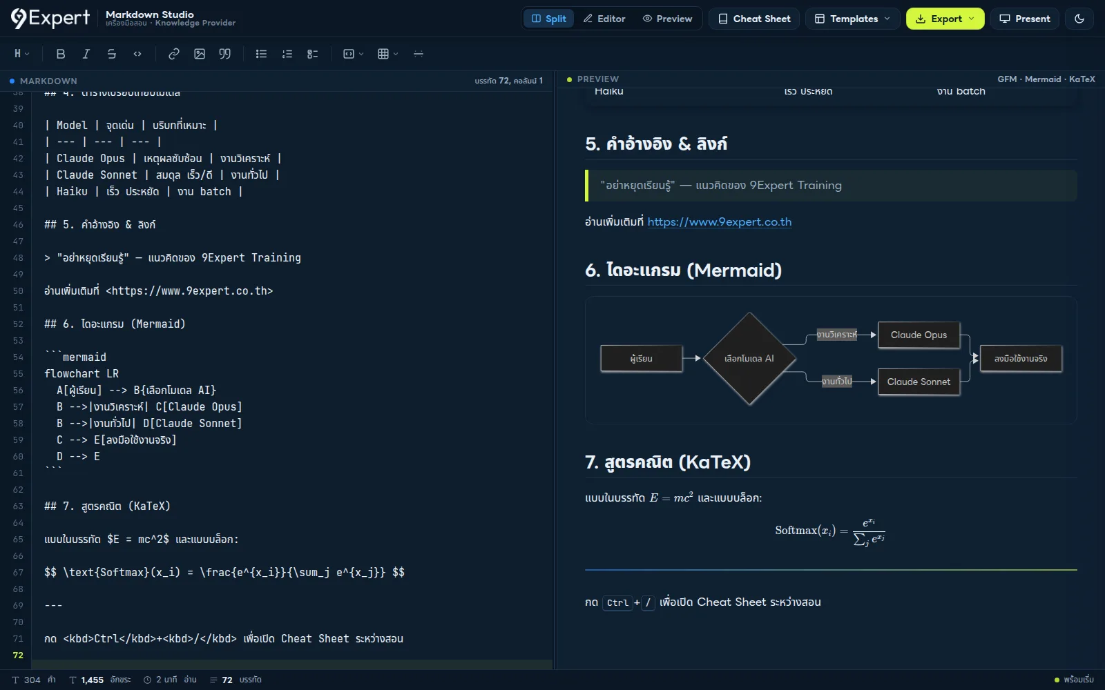 หน้าจอ Markdown Studio: Markdown ฝั่งซ้าย และผลลัพธ์พร้อมตาราง แผนภาพ และสูตรฝั่งขวา